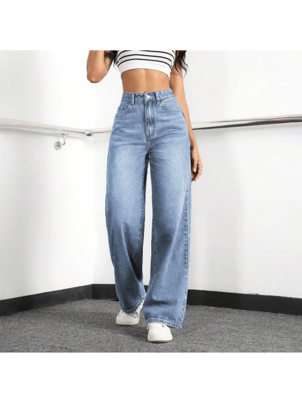 Women's Light Blue Baggy Trendy Five Pockets High Waisted Wide Leg Denim Pants - Picture 5 of 6